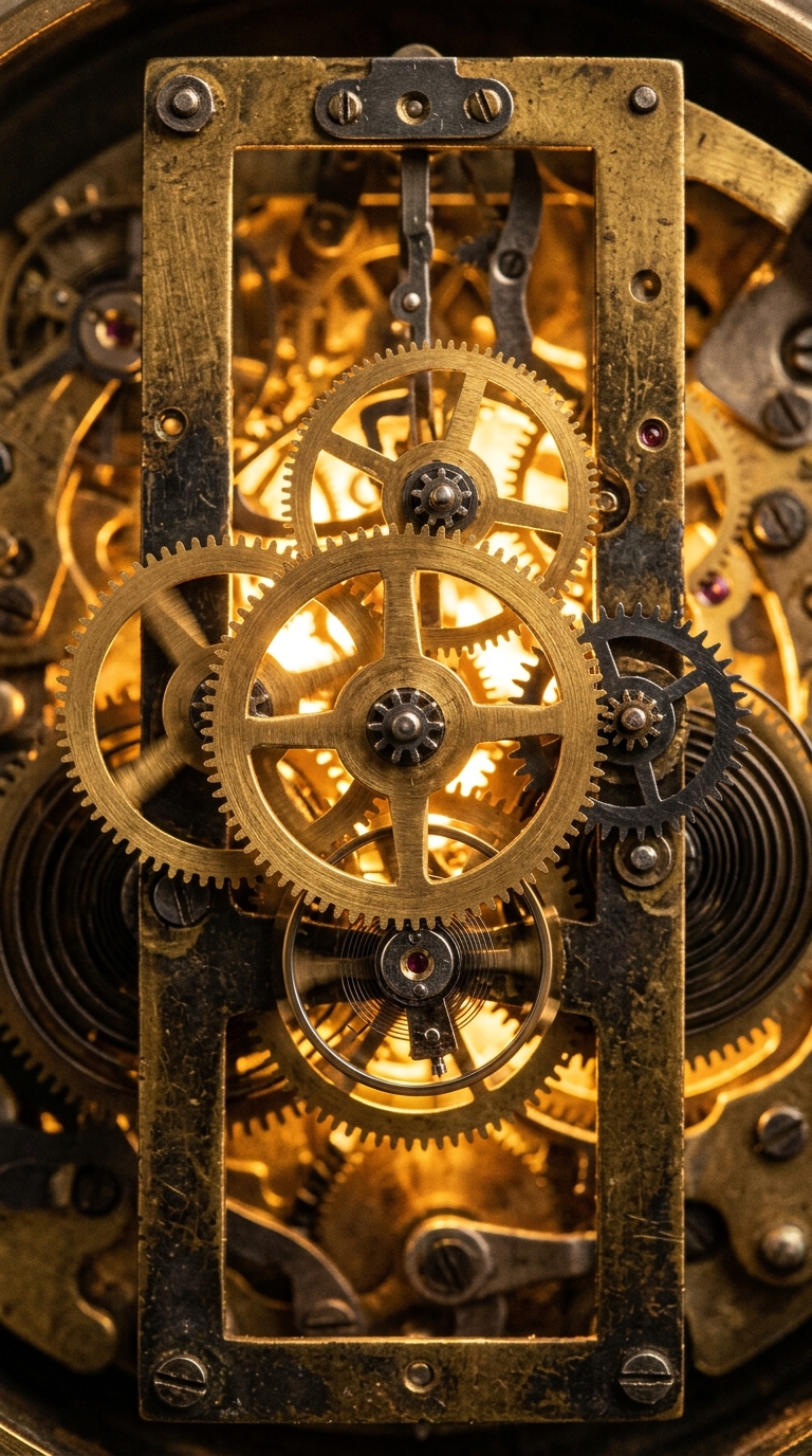 A close-up view of intricate clockwork gears and mechanisms illuminated by warm light.