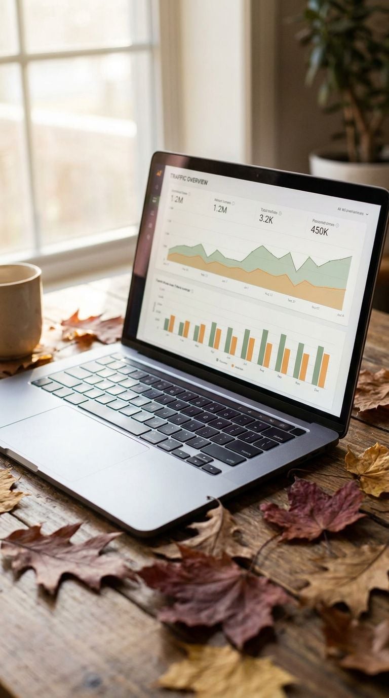 A laptop displaying traffic analytics sits on a wooden table surrounded by autumn leaves.