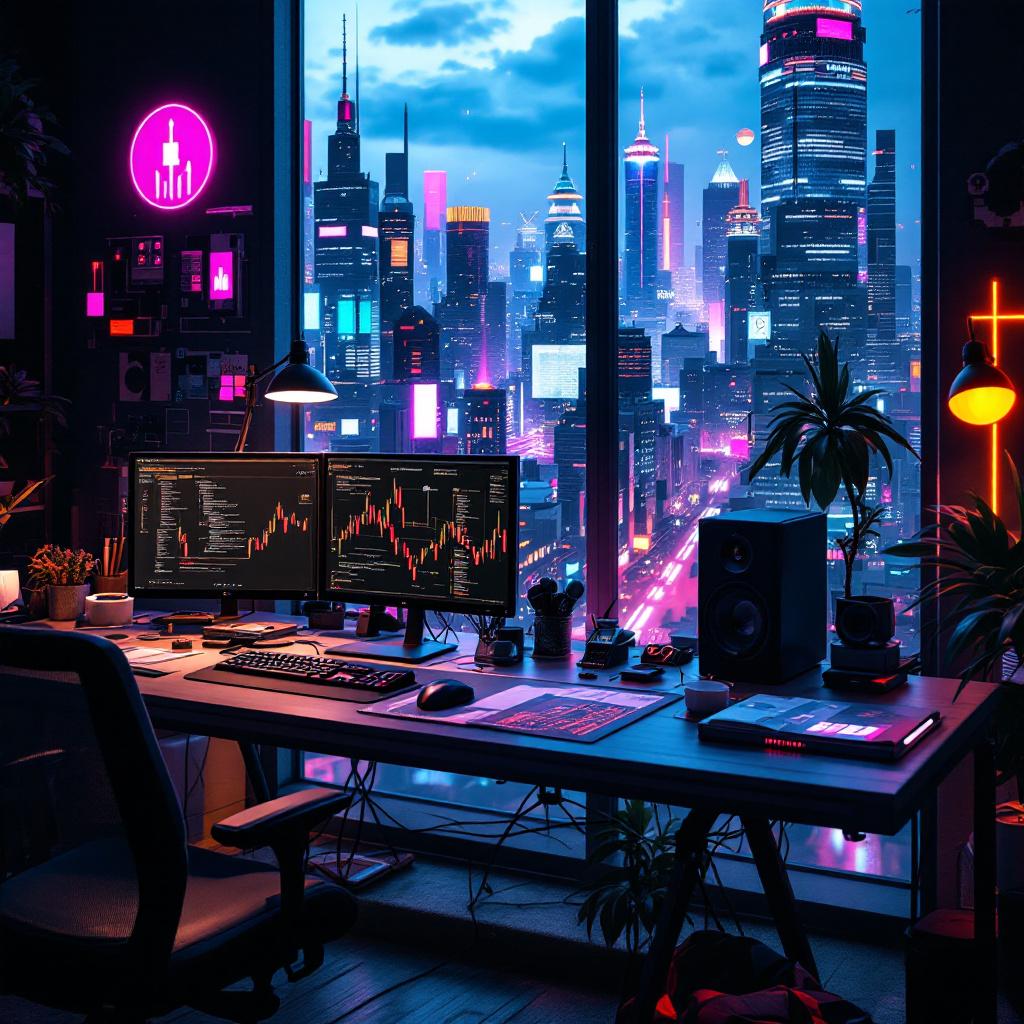 A modern workspace with multiple computer monitors displaying financial data, overlooking a vibrant city skyline at night.
