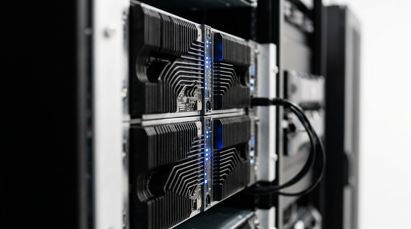 A close-up view of server hardware with illuminated indicators.