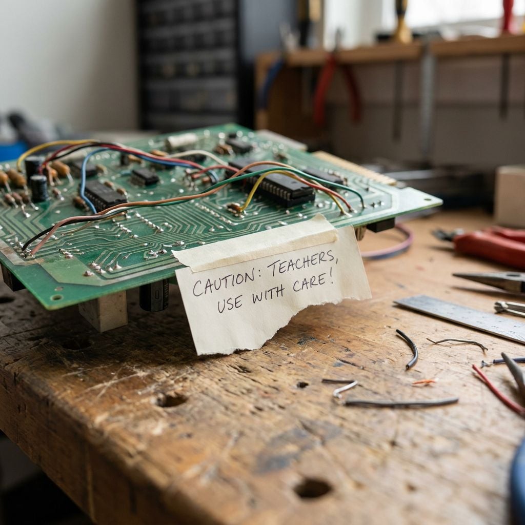 A circuit board with wires and a caution note on a workbench.