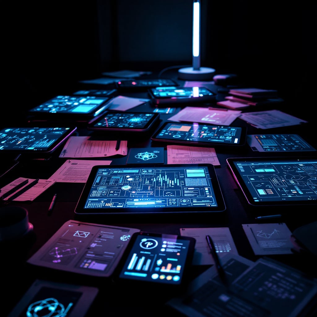 A dark room with multiple glowing tablets displaying digital interfaces and scattered papers.