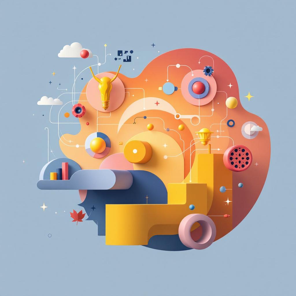 A colorful abstract composition featuring geometric shapes and various design elements.