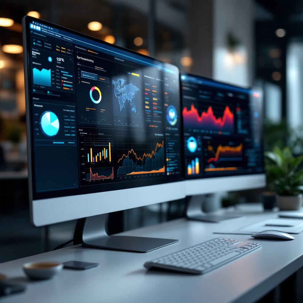 two computer monitors displaying data analytics and graphs in a modern office setting