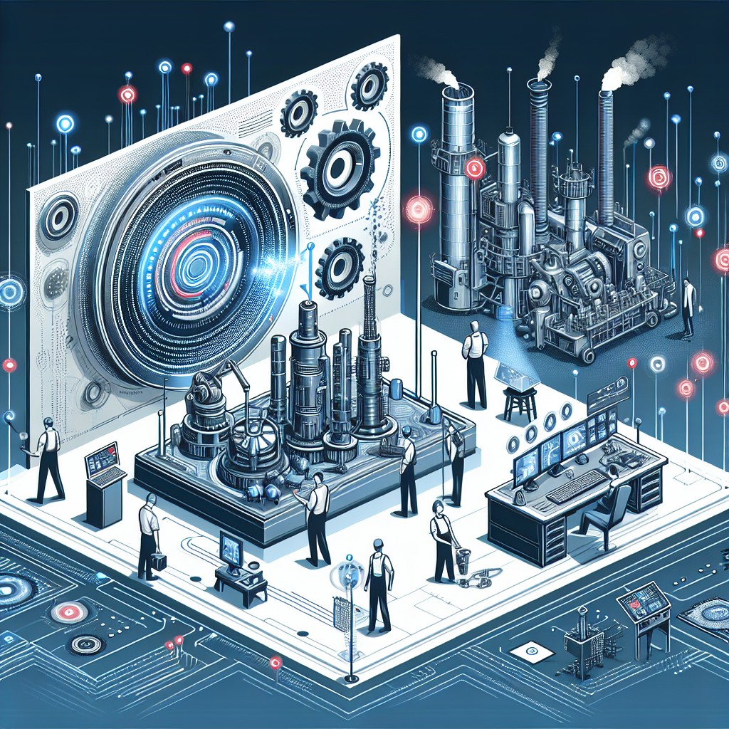 A digital illustration depicting a futuristic industrial scene with machinery and workers.