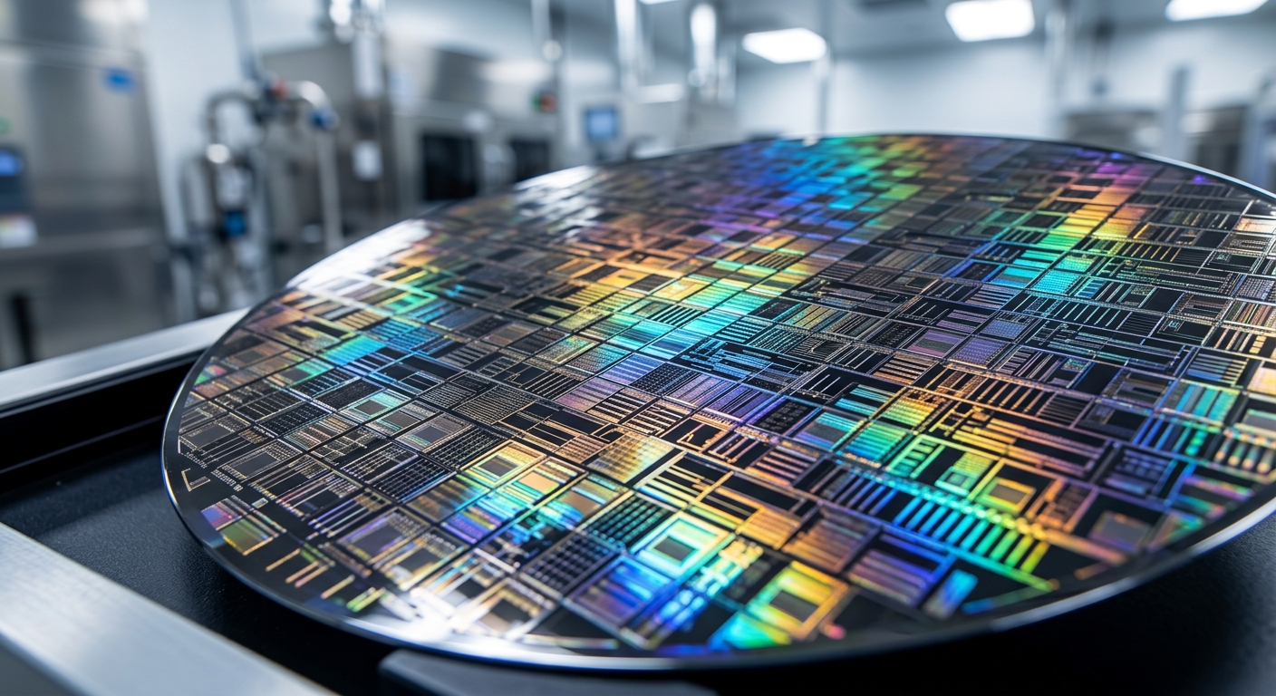 A close-up view of a colorful silicon wafer in a cleanroom environment.