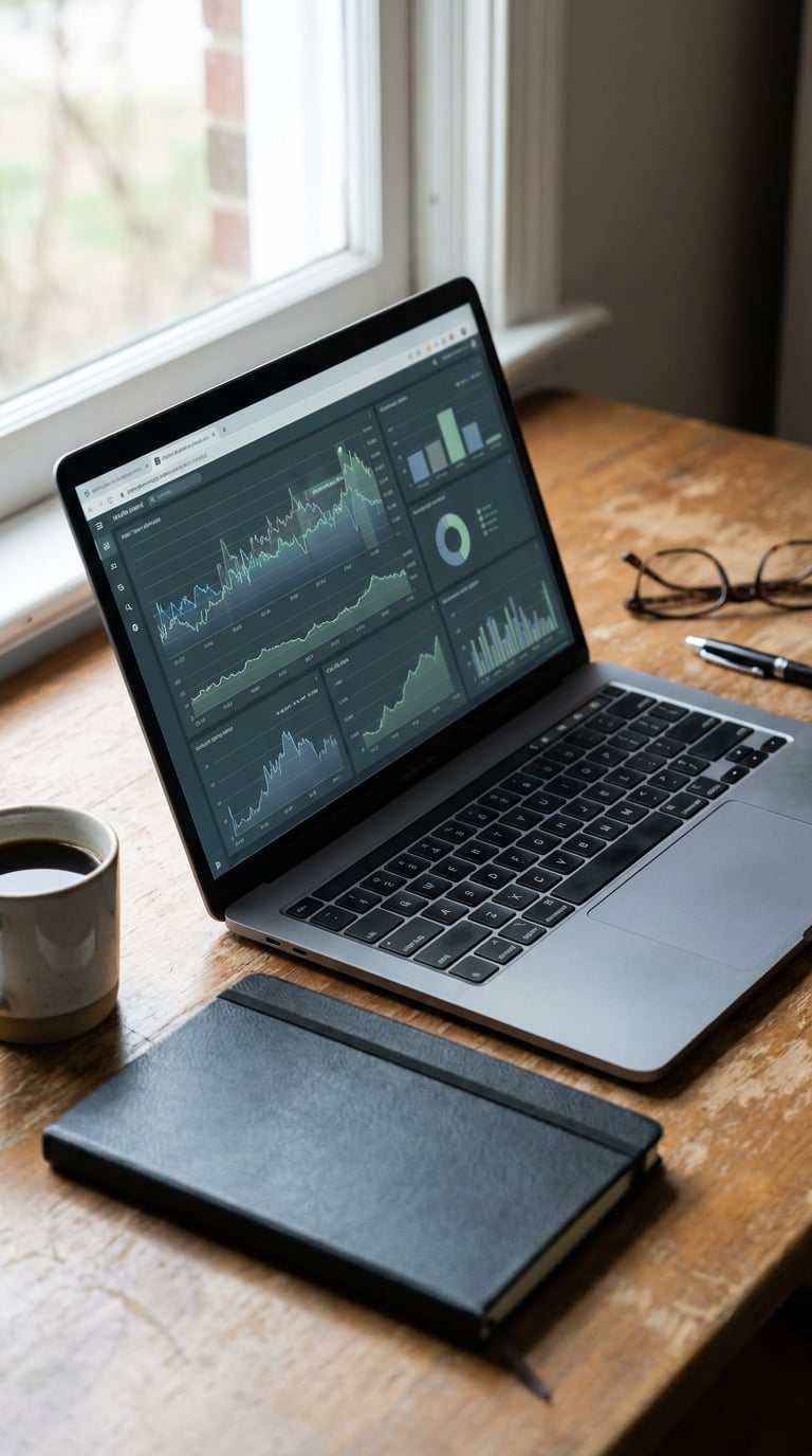 A laptop displaying data analytics graphs on a wooden table.