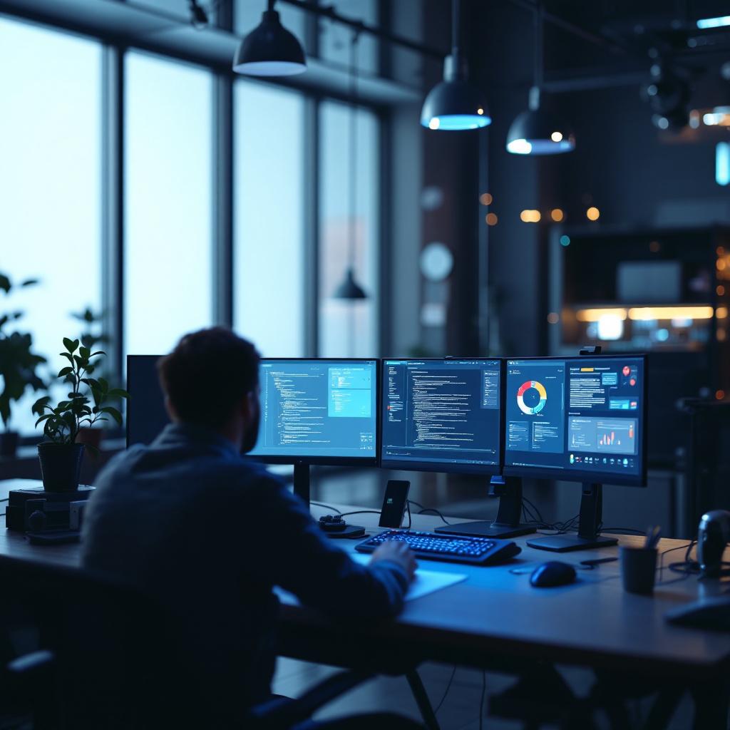 A person working at a desk with multiple computer monitors displaying data and charts in a dimly lit office.