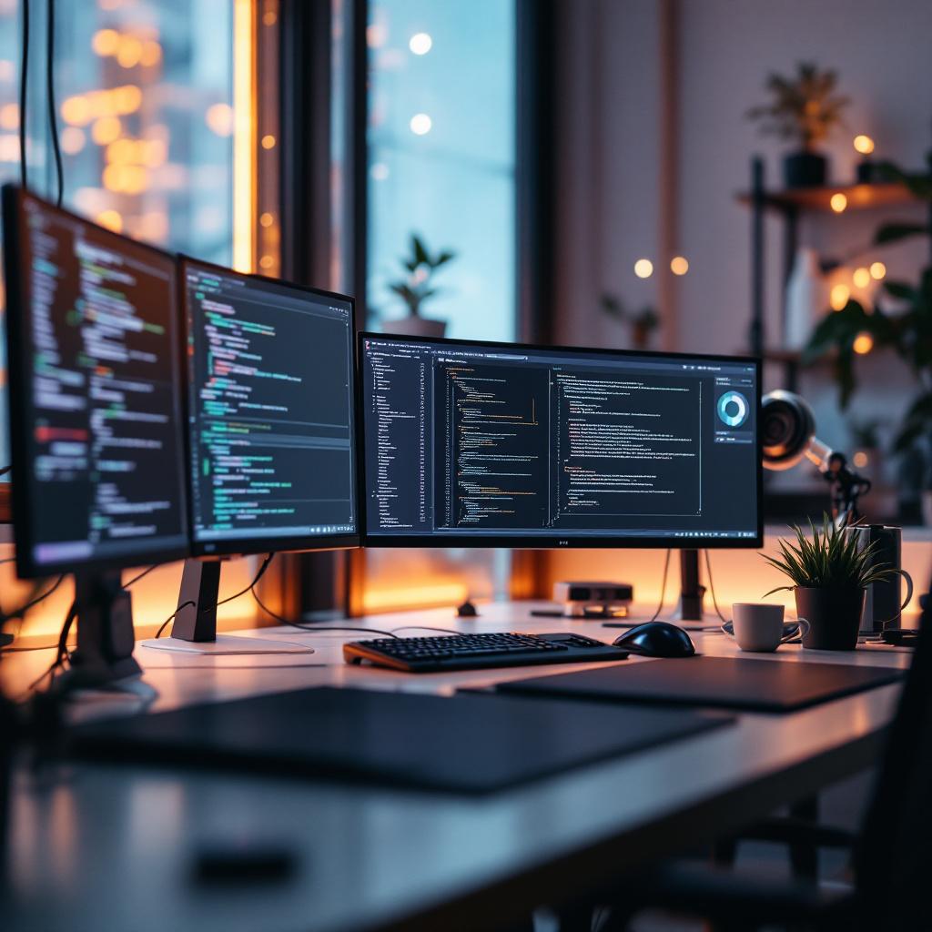 A modern workspace featuring multiple computer monitors displaying code and programming interfaces.