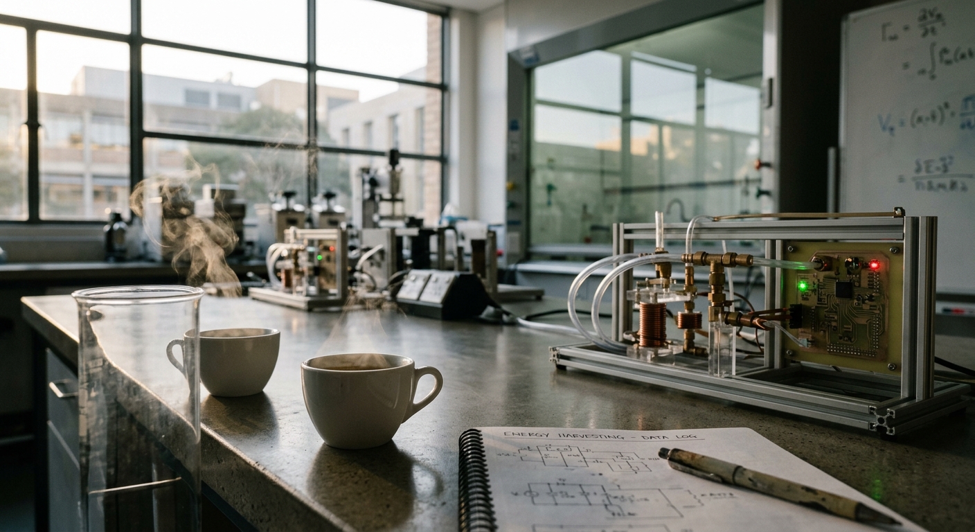 A laboratory setting with two cups of coffee, a notebook, and scientific equipment.