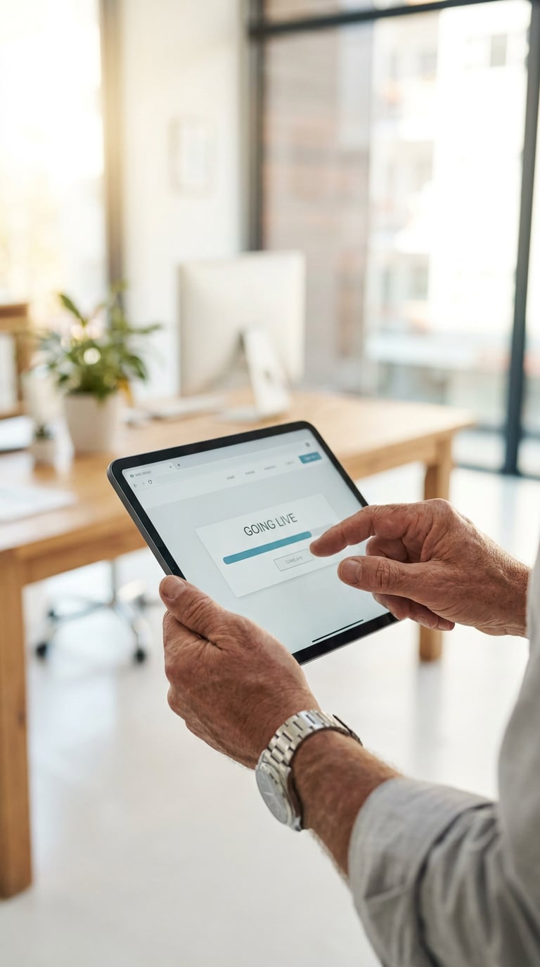 A person using a tablet in a modern office setting.