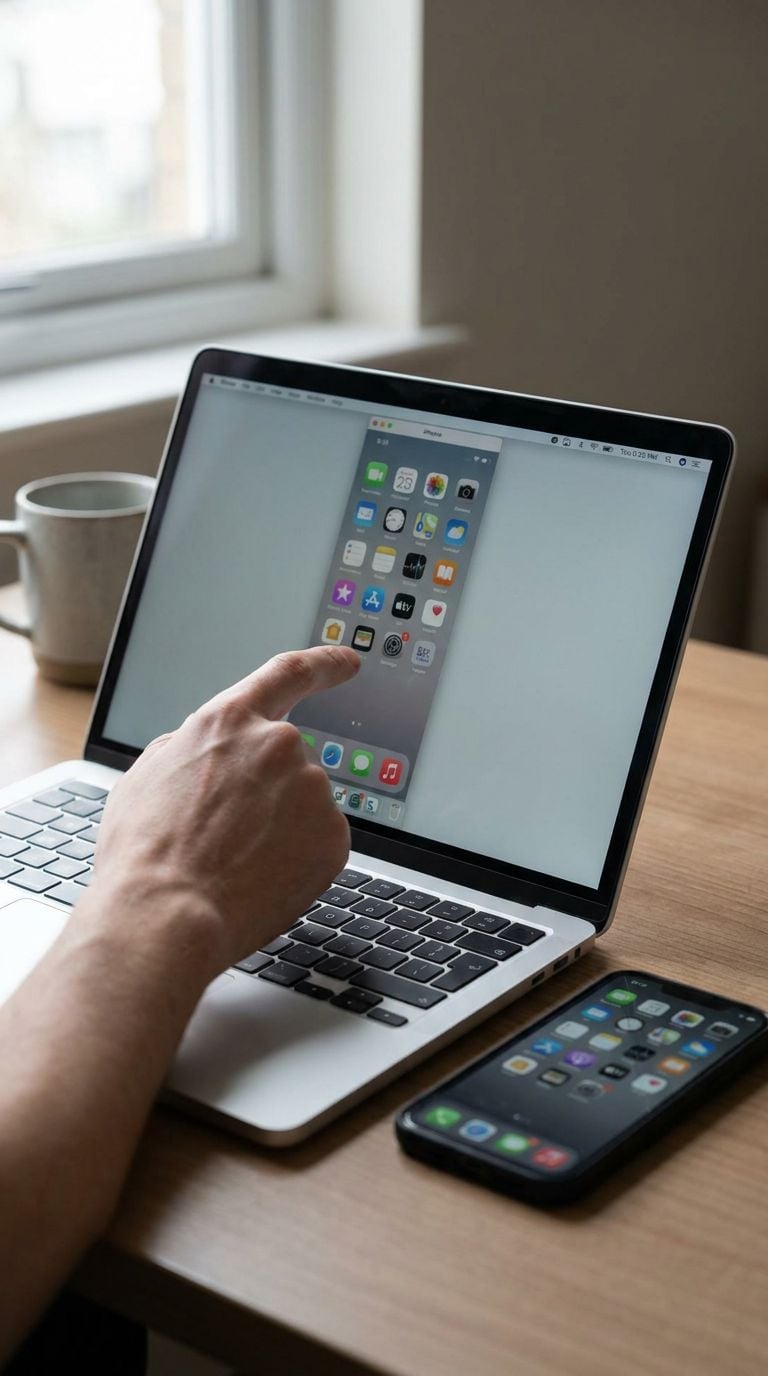 A person is using a laptop with a smartphone placed beside it on a wooden table.