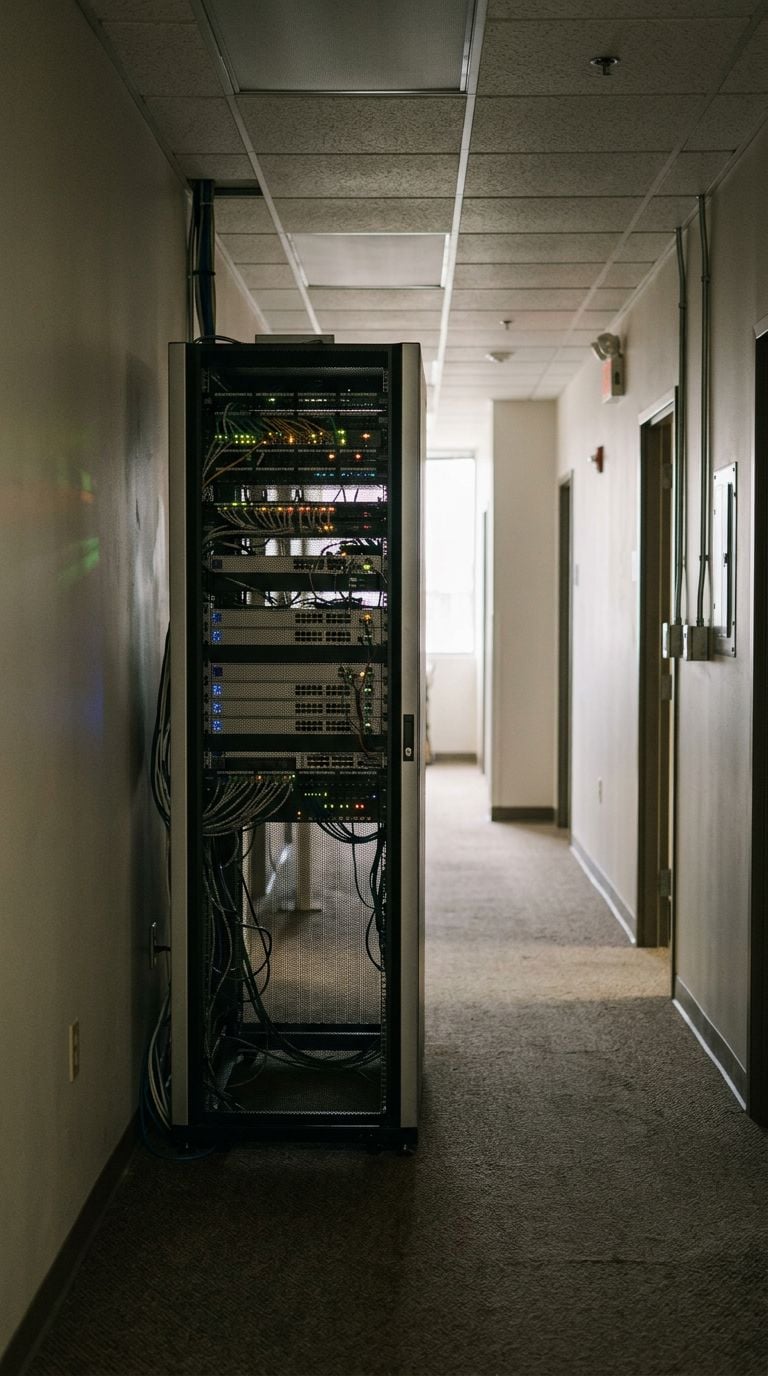 A server rack with networking equipment is located in a dimly lit hallway.