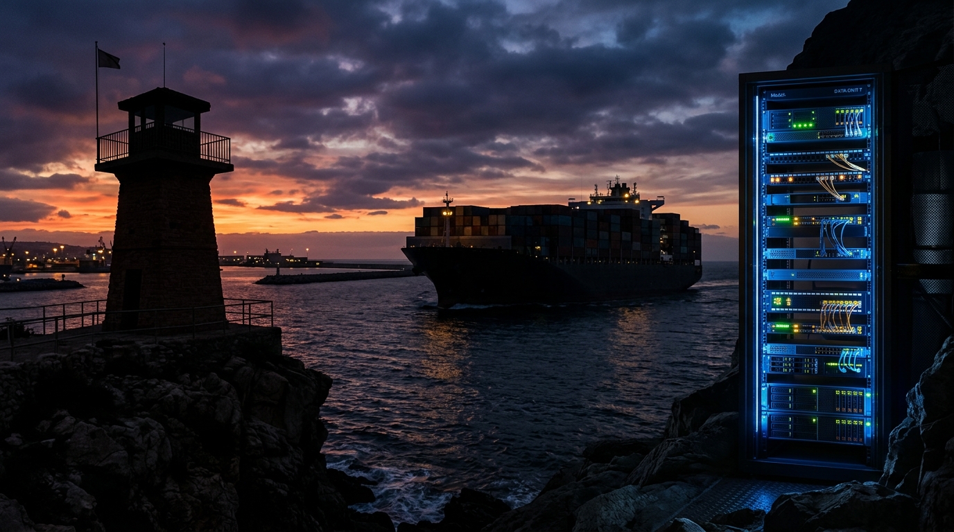 A server rack illuminated at dusk with a cargo ship passing by a lighthouse.