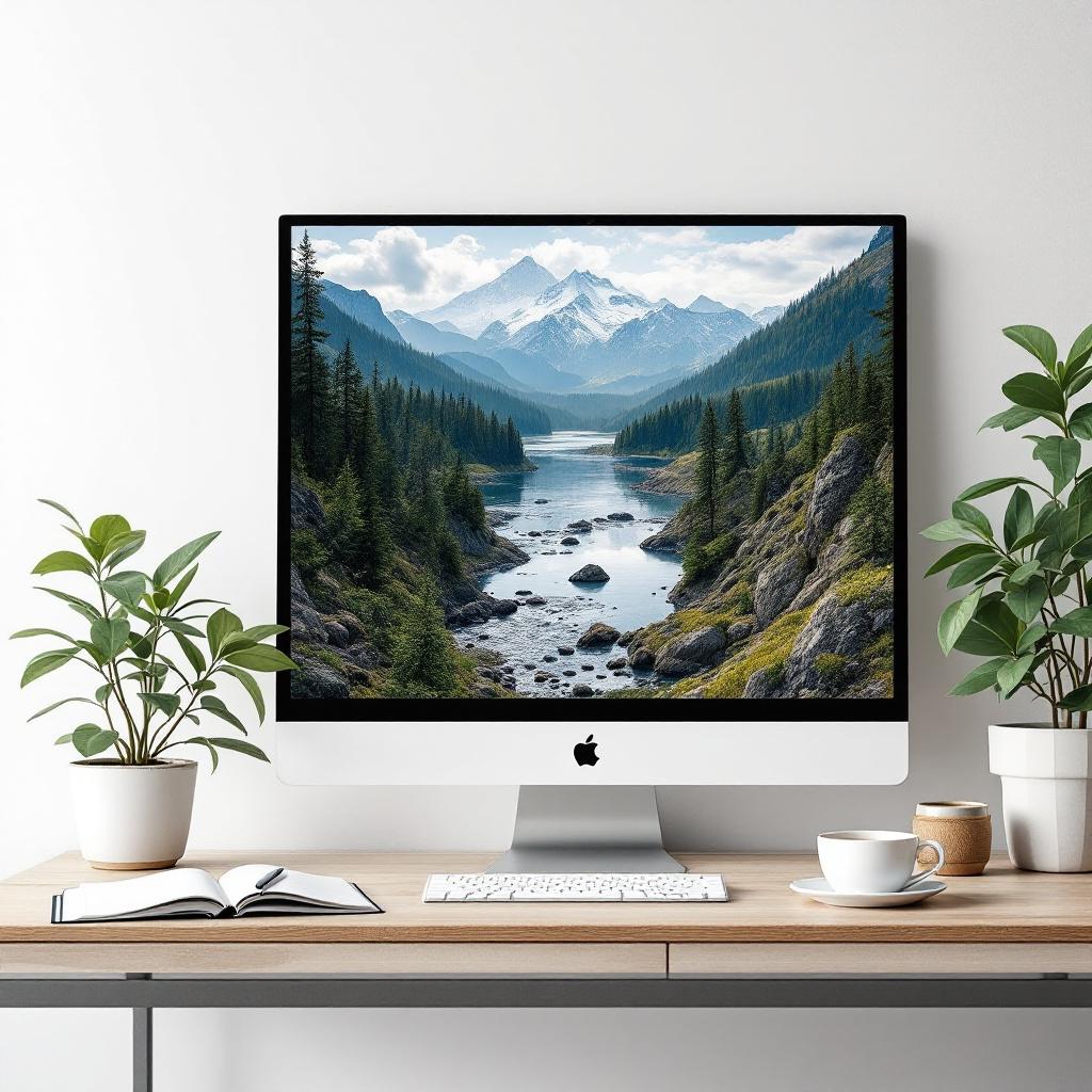 A computer monitor displaying a scenic mountain landscape with a river and greenery.