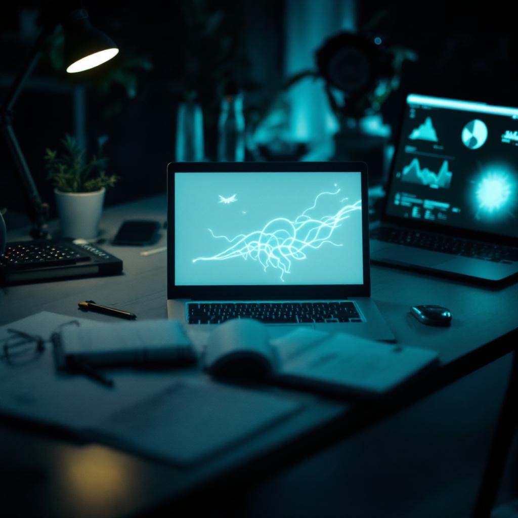A laptop displaying abstract graphics is placed on a desk surrounded by notebooks and a pen in a dimly lit room.