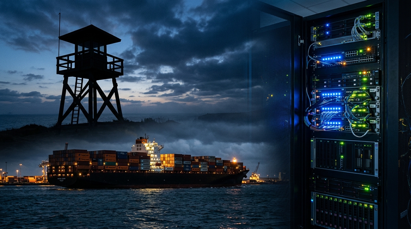 A cargo ship is docked near a watchtower at dusk, with a server rack illuminated in the foreground.