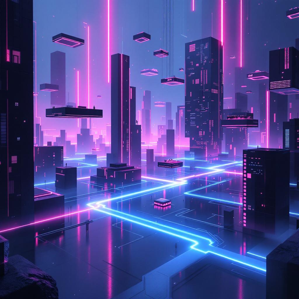 A futuristic cityscape with neon lights and digital elements.