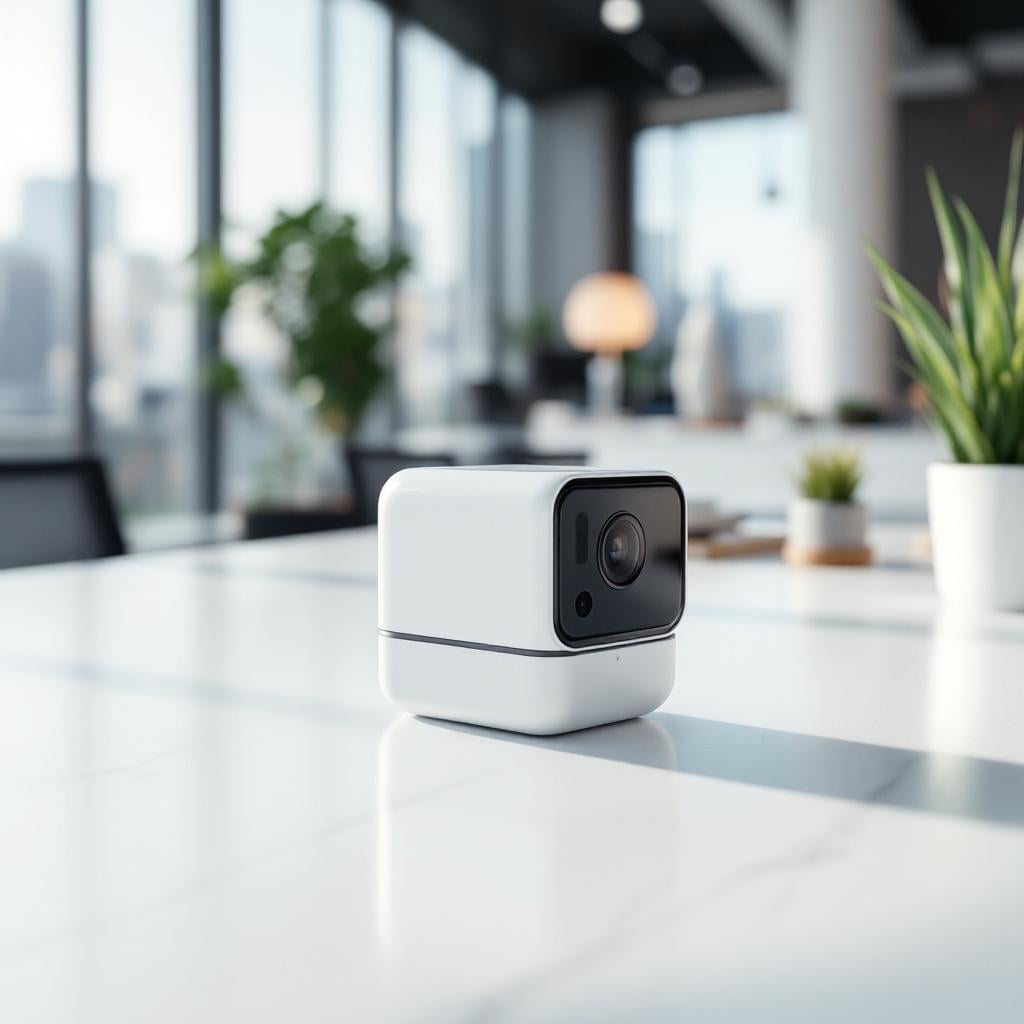 A compact white camera is placed on a table in a modern office setting.