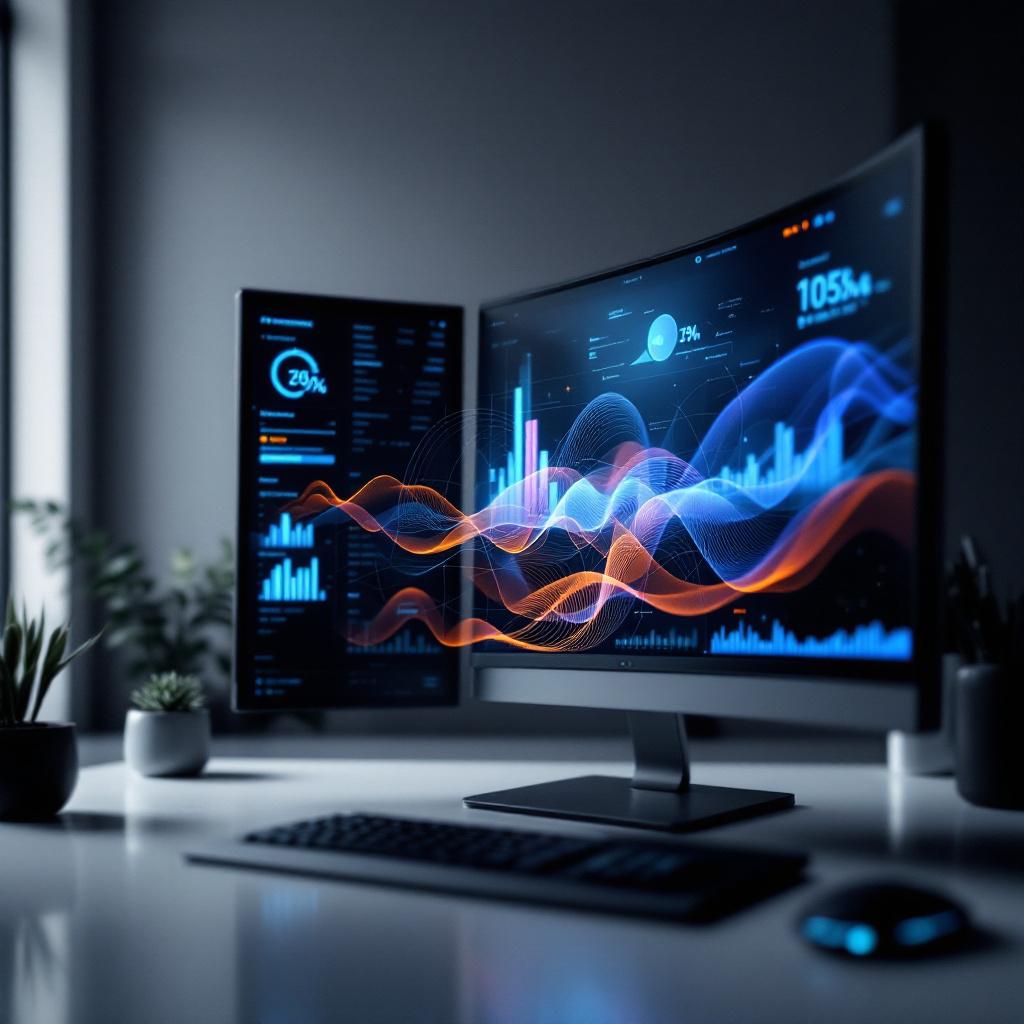 A modern workspace featuring dual monitors displaying data visualizations and analytics.