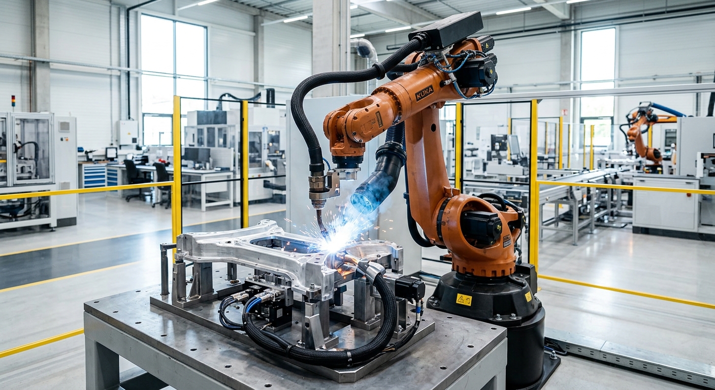 A robotic arm is welding a metal frame in a modern manufacturing facility.