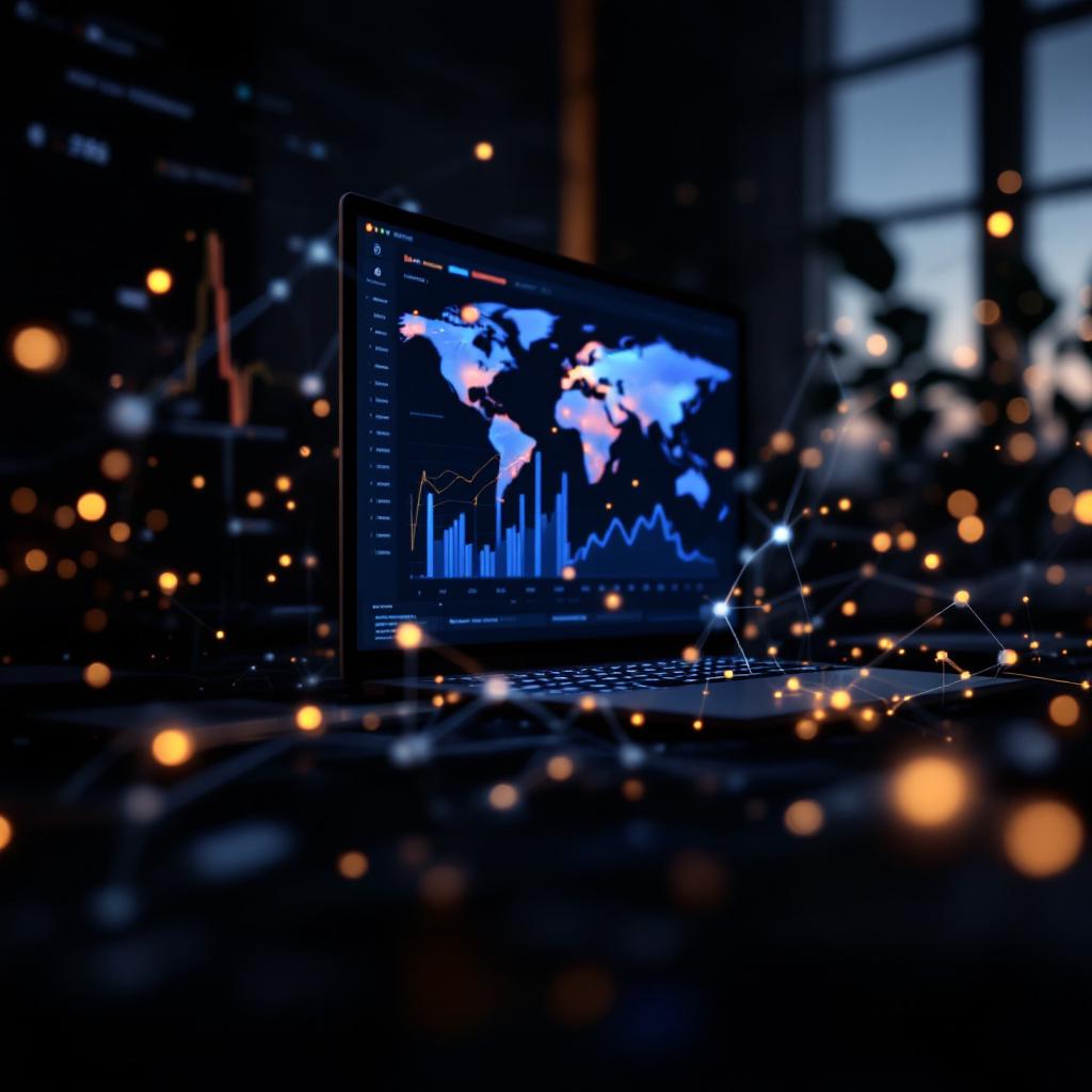 A laptop displaying data visualizations and graphs in a dark environment.