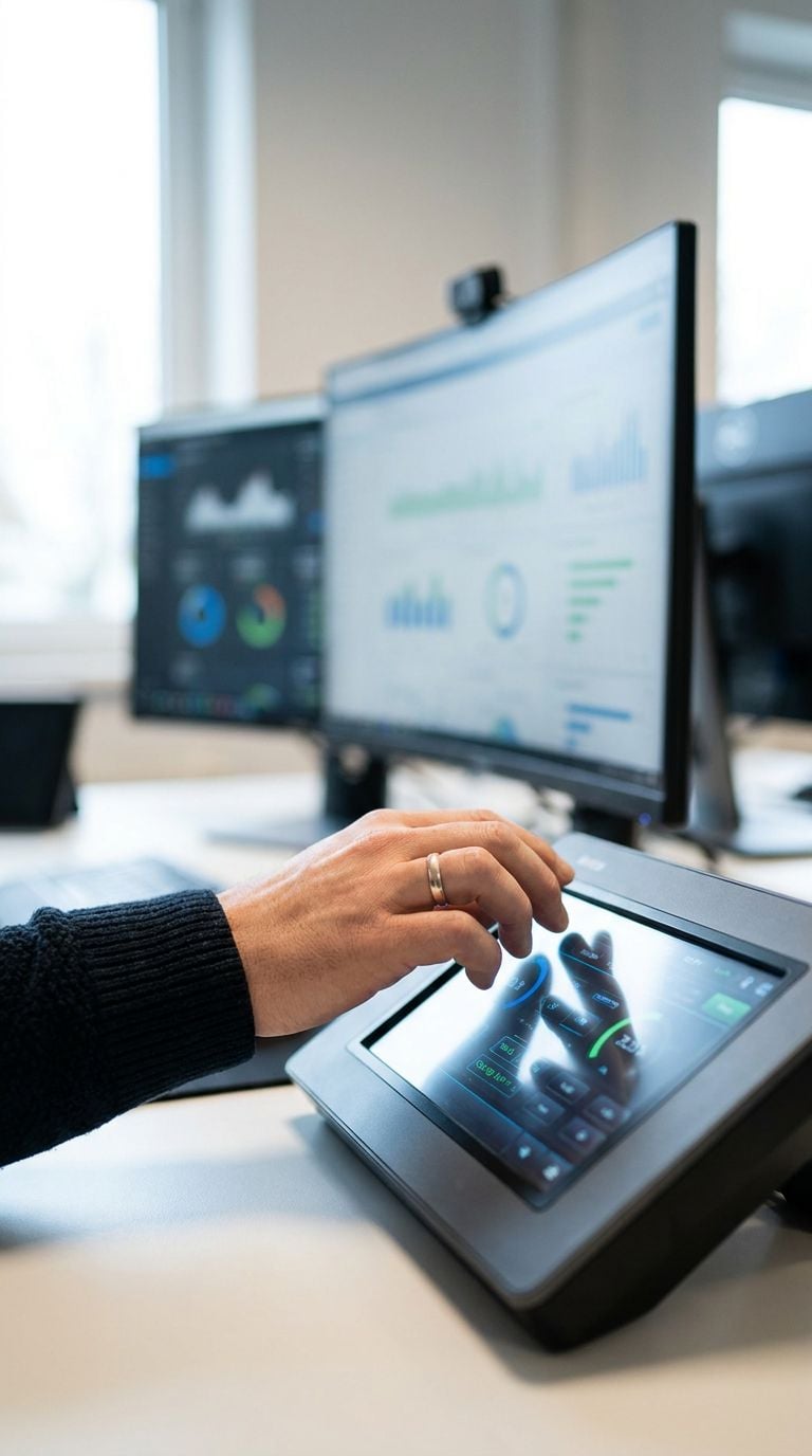 A person using a touchscreen control panel in an office setting with multiple computer monitors displaying data.
