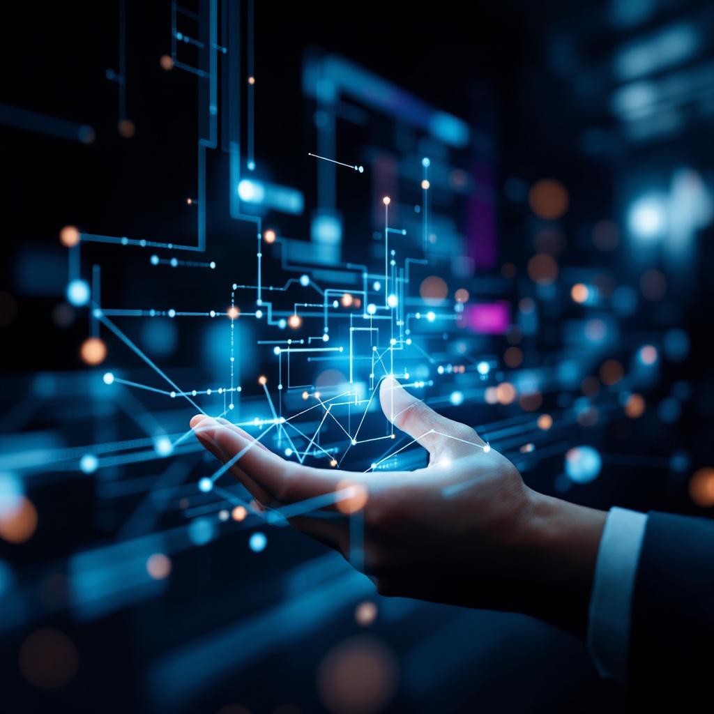 A hand reaching out with digital connections and data visualizations in the background.