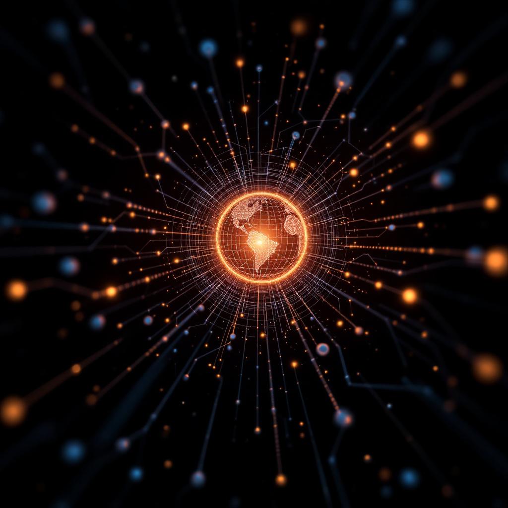 A digital representation of the Earth surrounded by glowing lines and nodes.
