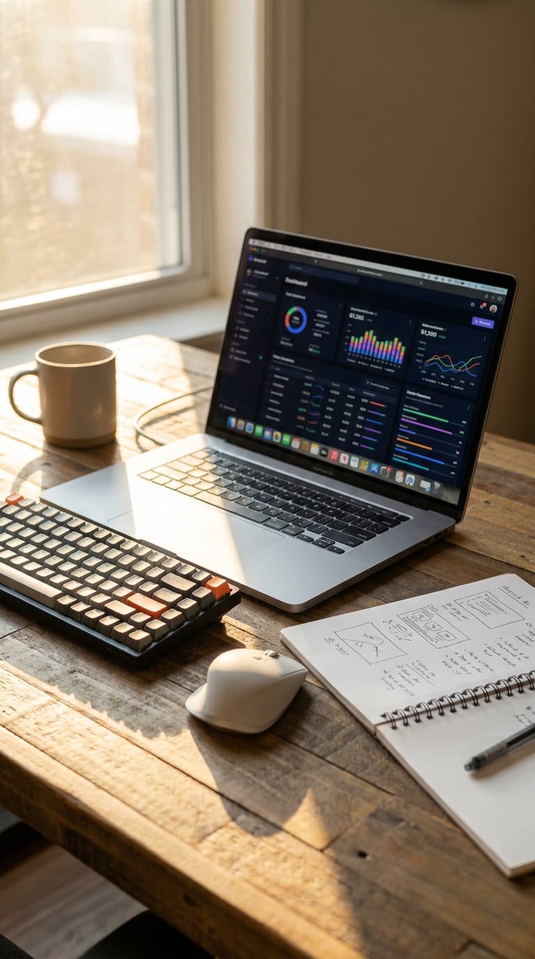 A laptop displaying data analytics on a wooden desk with a coffee cup and notebook.