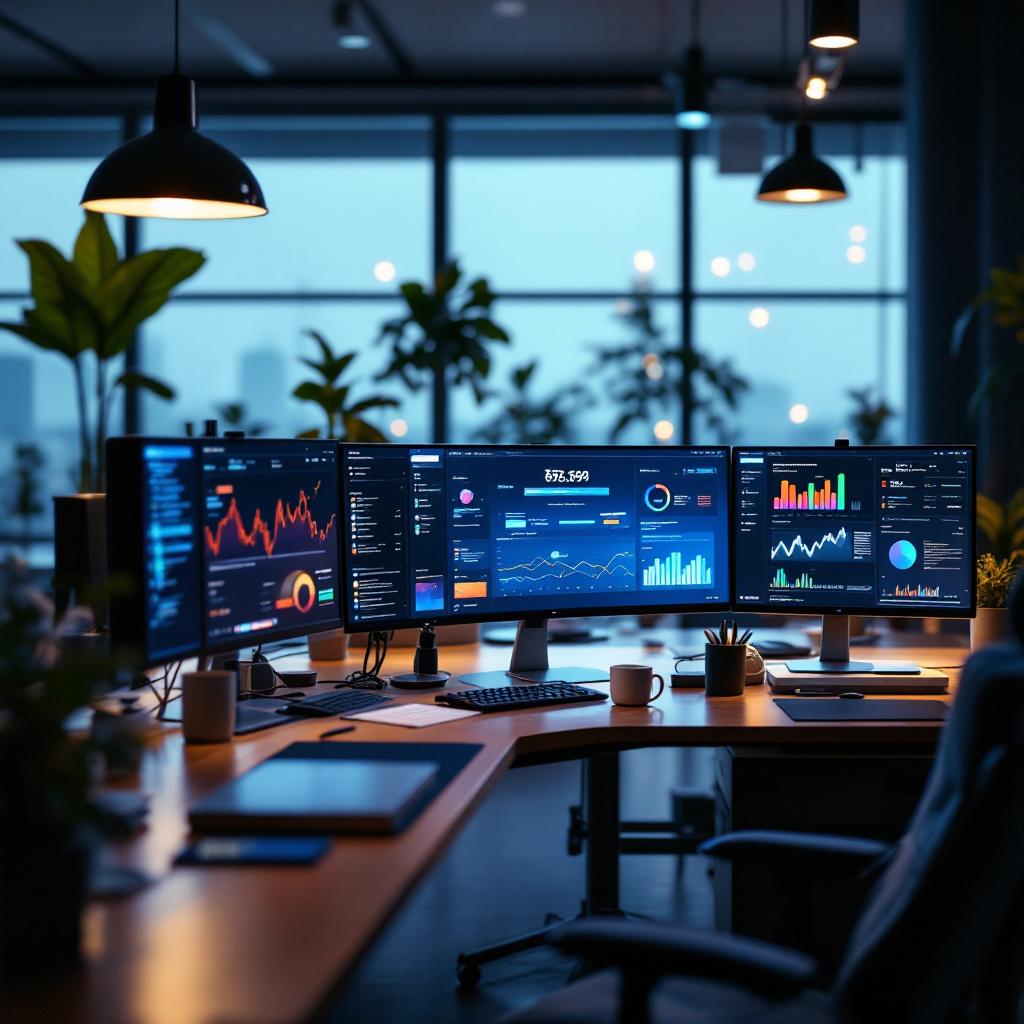 A modern workspace featuring multiple computer monitors displaying data visualizations and graphs.