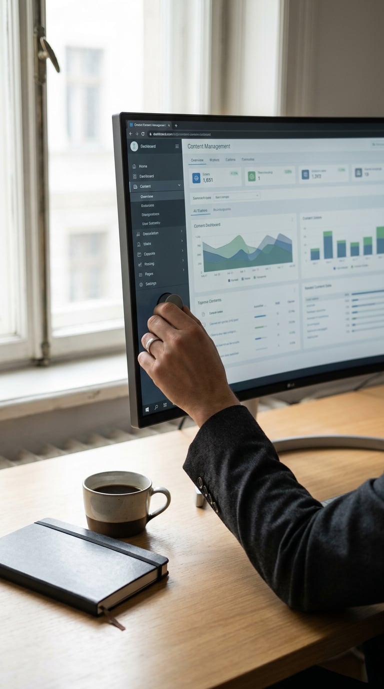 A person is analyzing data on a computer screen while holding a cup of coffee.