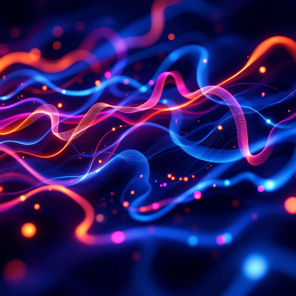 An abstract representation of colorful flowing lines and particles on a dark background.