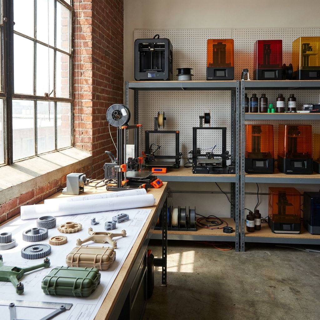 A workspace featuring various 3D printers and printed parts on a table.