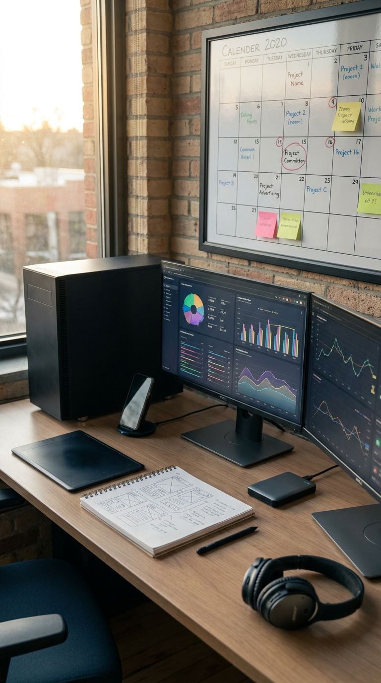 A modern workspace featuring multiple monitors, a calendar, and office supplies.