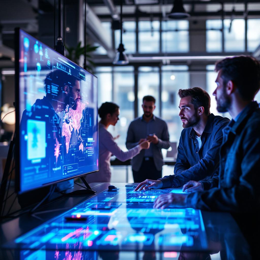 Two men are working at a digital interface while two others are engaged in conversation in a modern office setting.