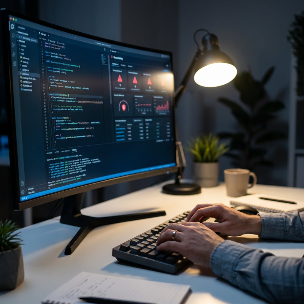 A person is typing on a keyboard in front of a computer displaying coding software.