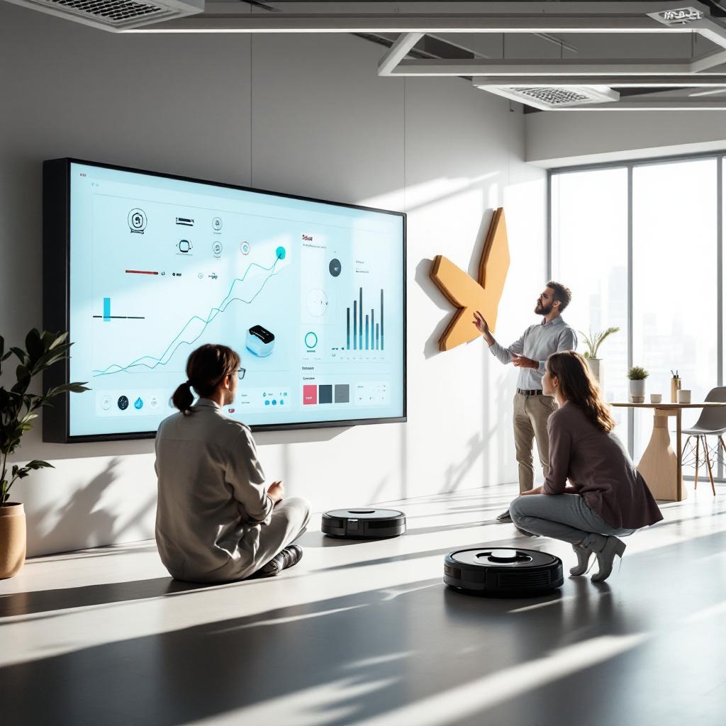 A group of people is interacting with a large screen displaying data analytics in a modern office setting.