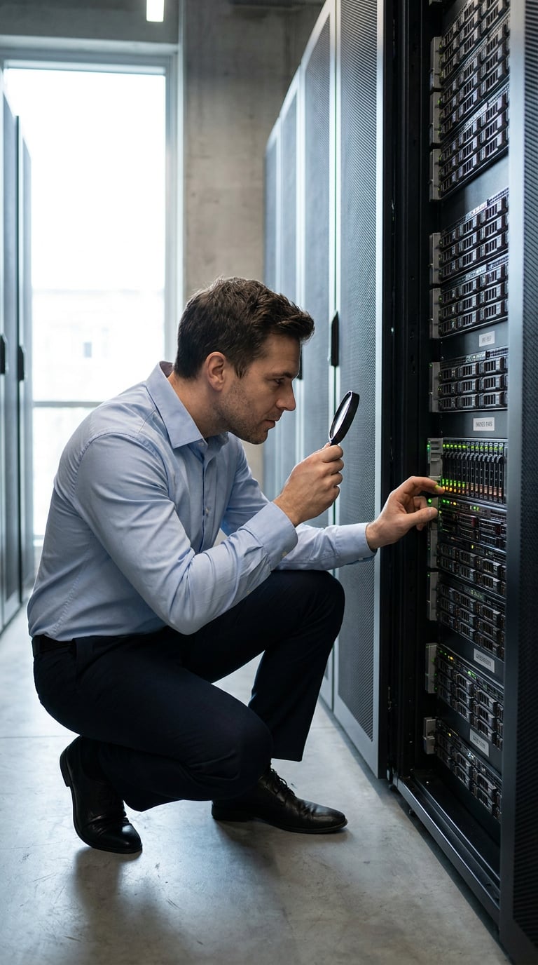 A man is inspecting server equipment in a data center using a magnifying glass.