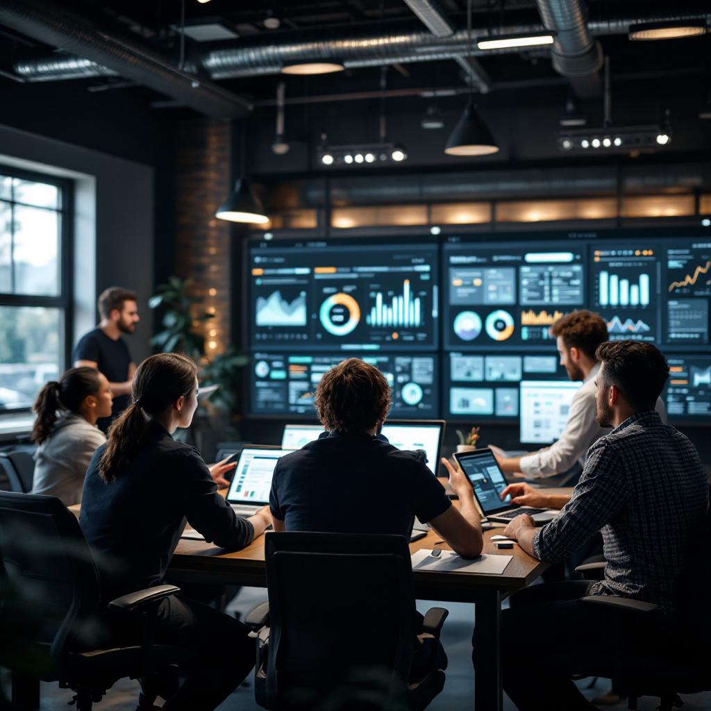 A group of professionals is engaged in a meeting with multiple screens displaying data and analytics.