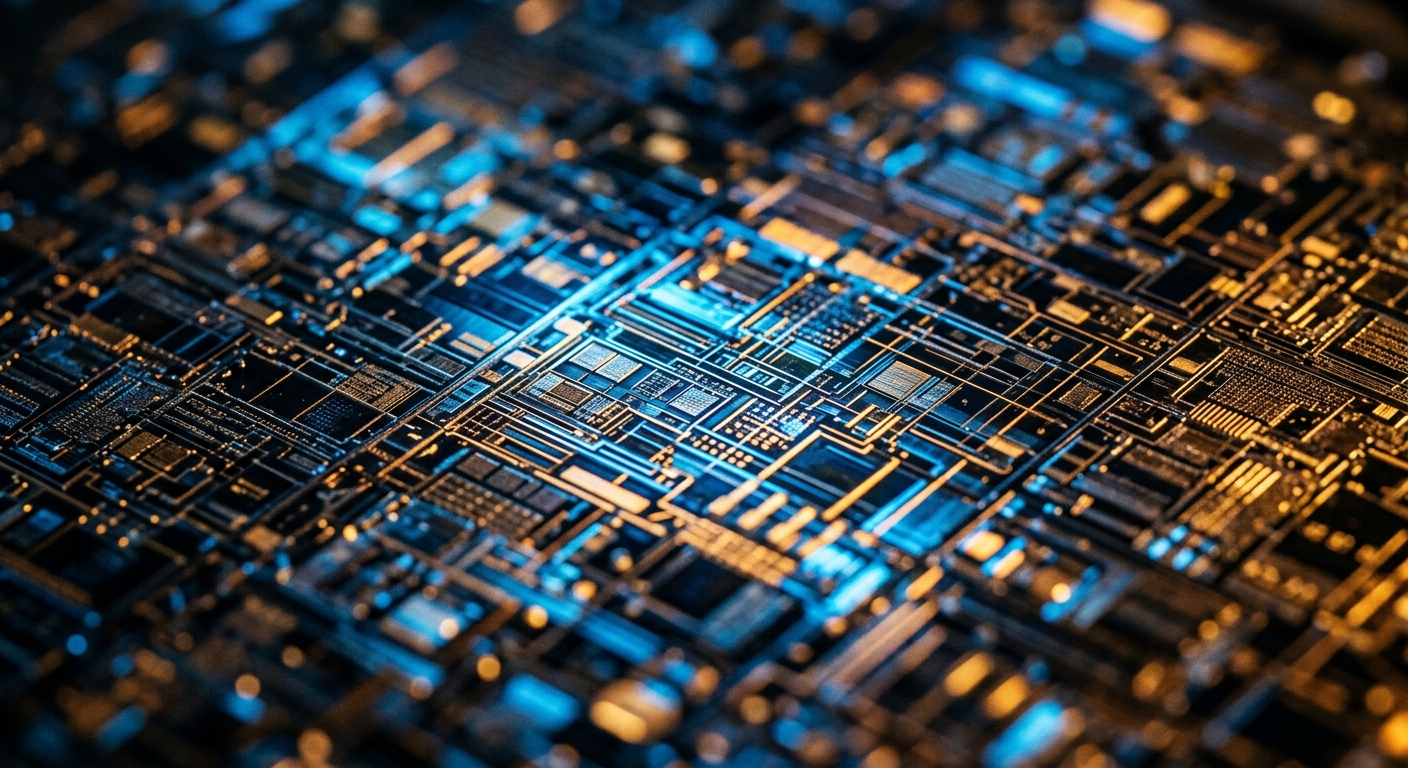 A close-up view of a complex circuit board with intricate patterns and blue lighting.
