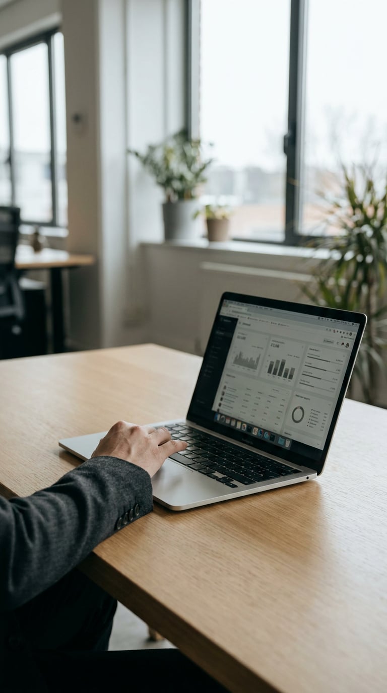 A person is working on a laptop displaying data analytics in an office setting.