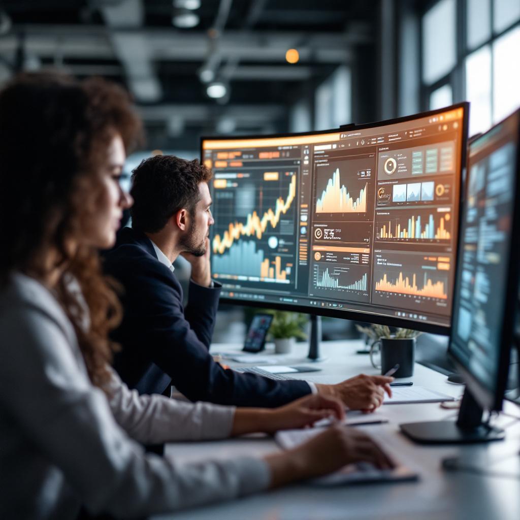 A man and a woman are analyzing data on multiple computer screens in a modern office setting.