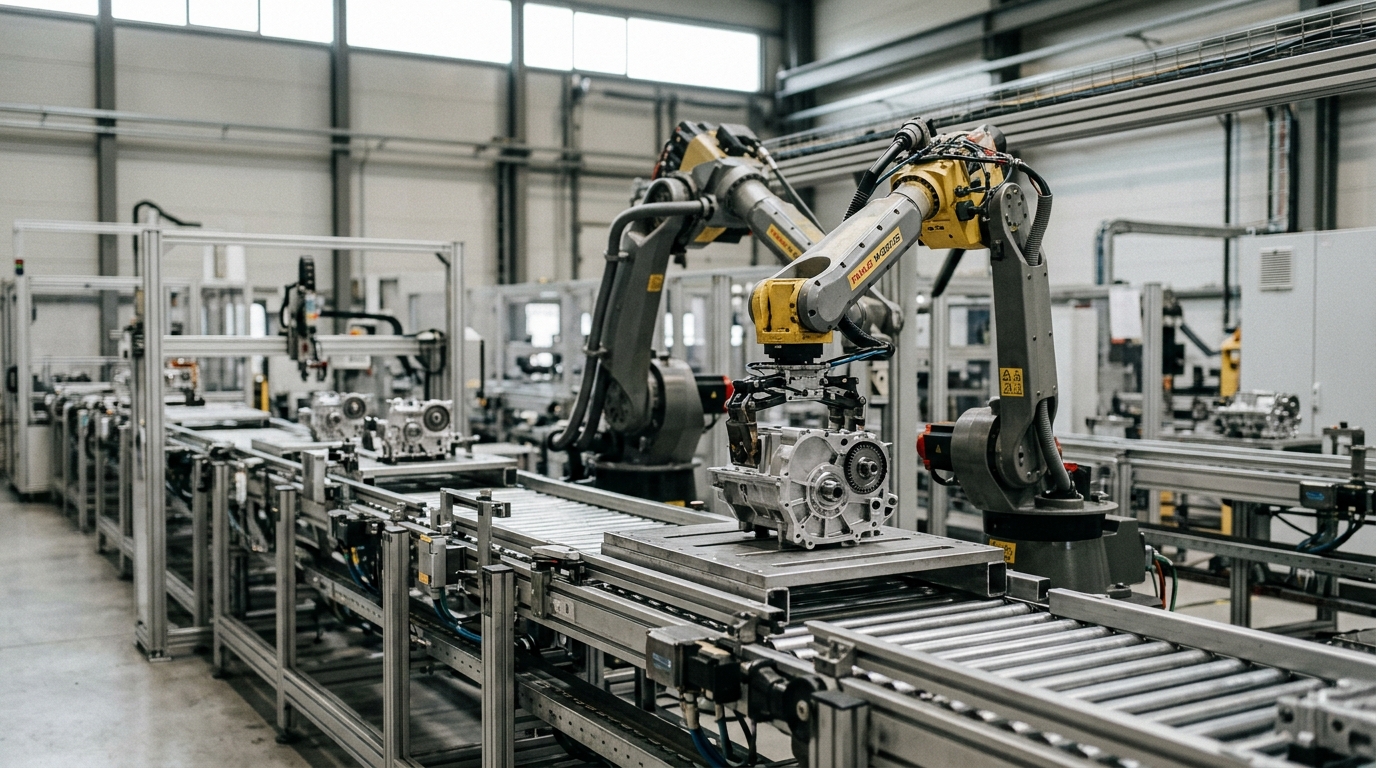 The image shows robotic arms working on an assembly line in a factory.