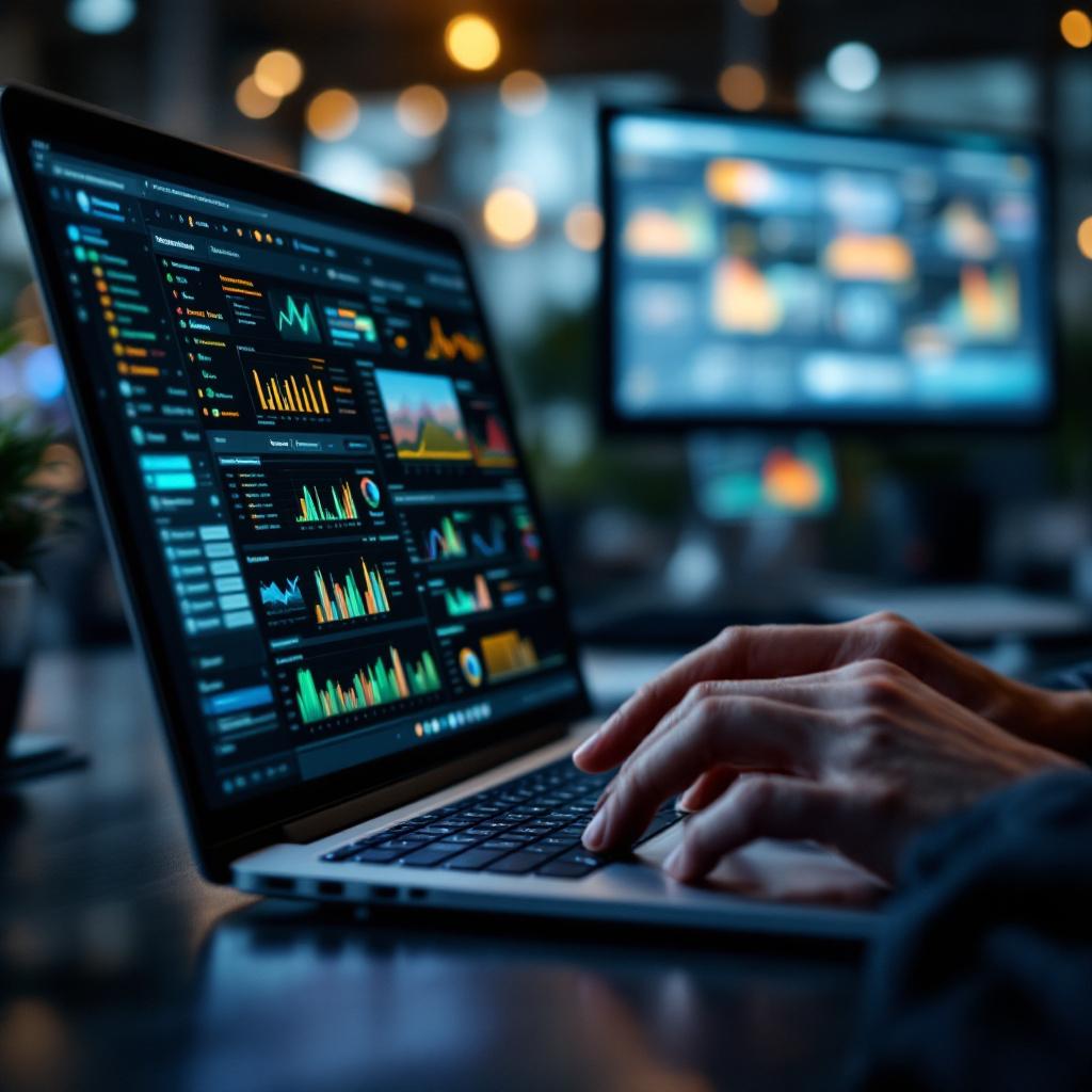 A person is working on a laptop displaying data analytics graphs and charts.