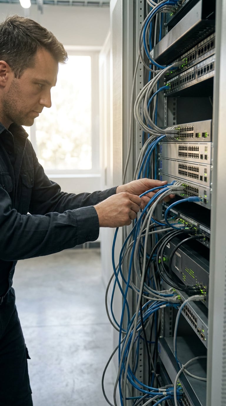 A technician is working on network servers in a data center.