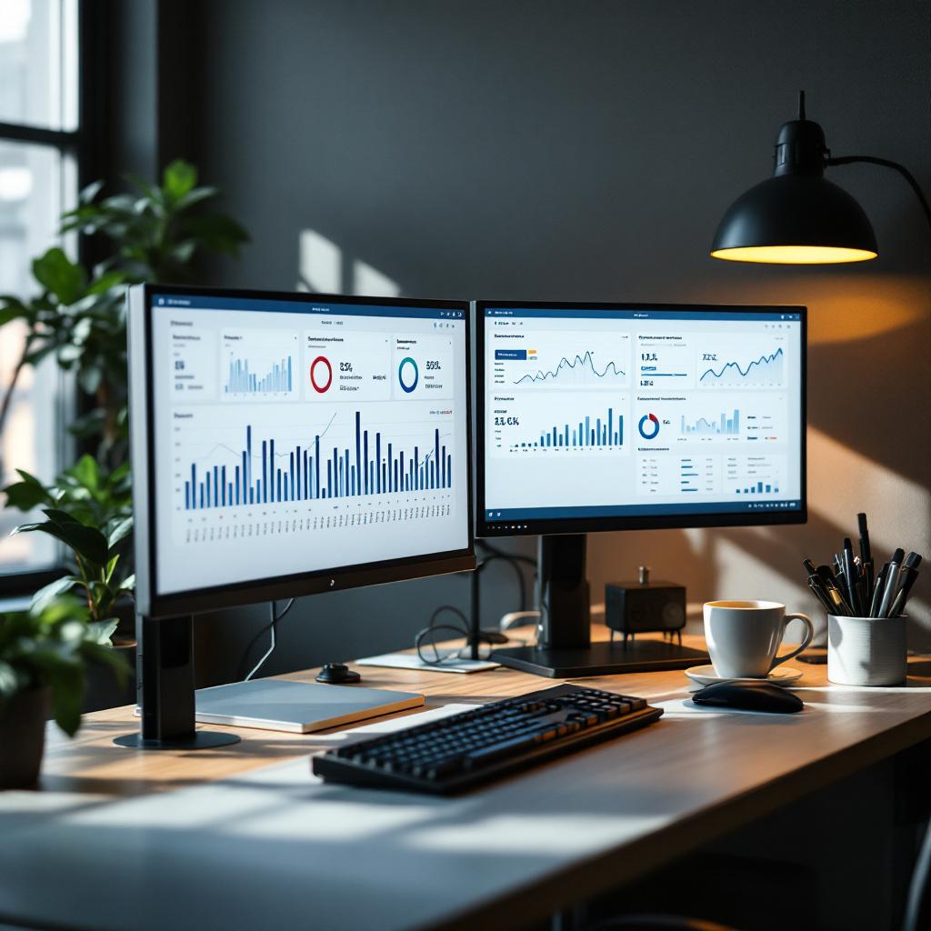 A modern workspace featuring two computer monitors displaying data analytics and graphs.