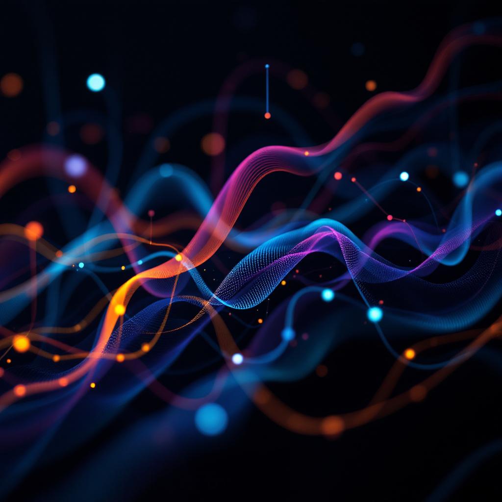 An abstract representation of colorful waves and particles on a dark background.