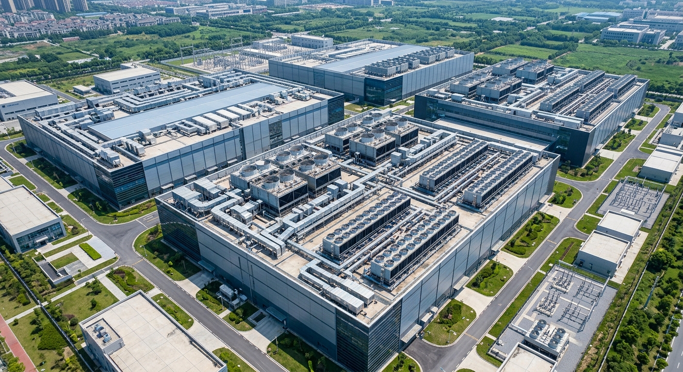 An aerial view of large industrial buildings with extensive rooftops and surrounding greenery.