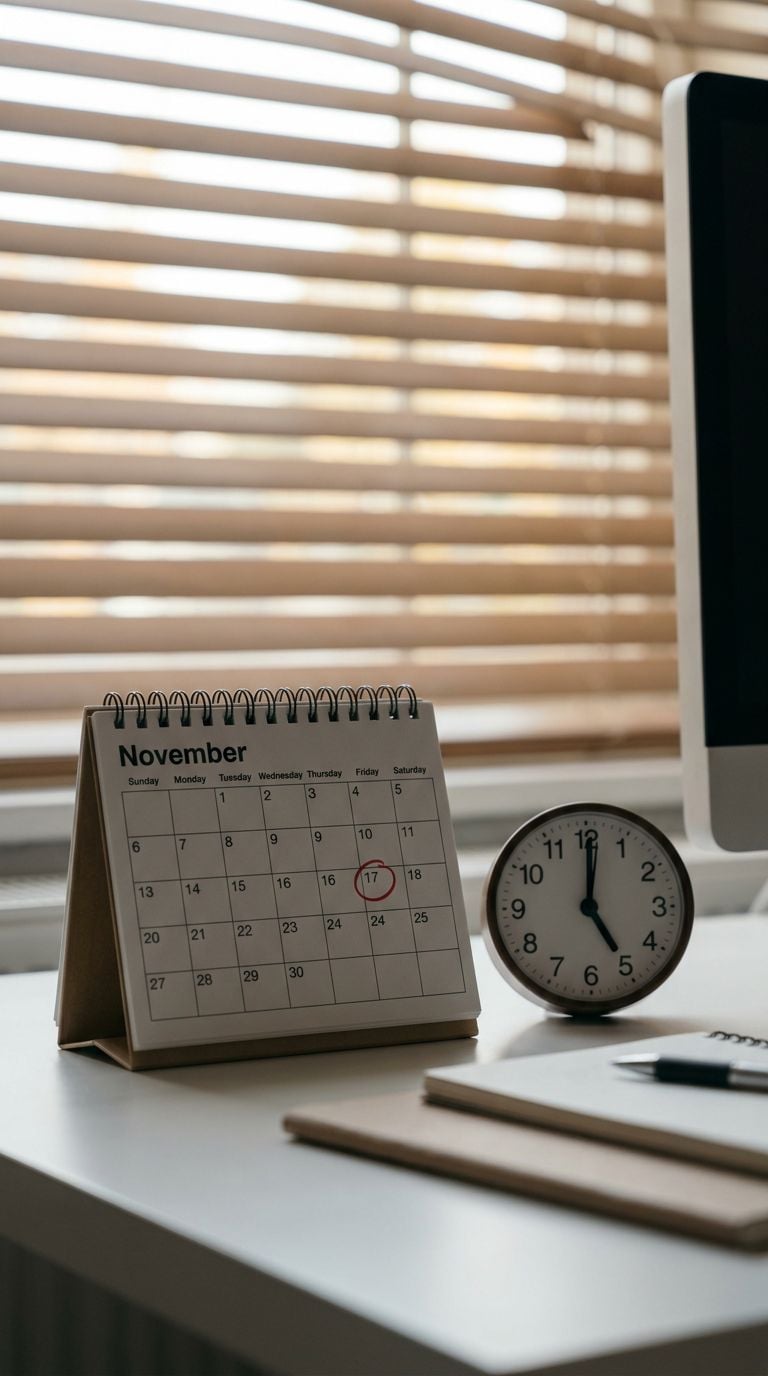 A desk with a calendar showing November, a clock, and a computer monitor.